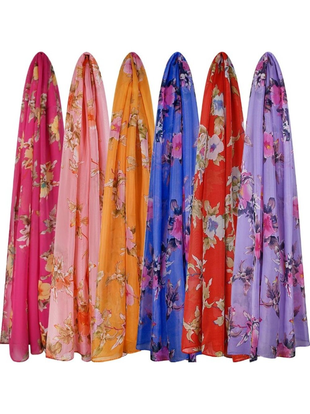 6 Lightweight Floral Print Chiffon Scarves for Women - Elegant Silk Scarves Set